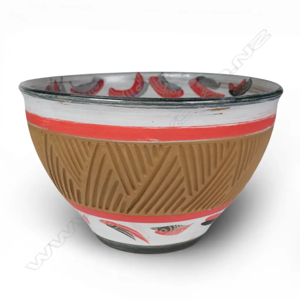 Anneke Borren fish decorated bowl, glazed and paint decorated interior, unglazed exterior with incised and painted decoration. Potter's mark to base, dated 2025. H.145 Dia.240mm. Ex. Anneke Borren Collection. Image 1++