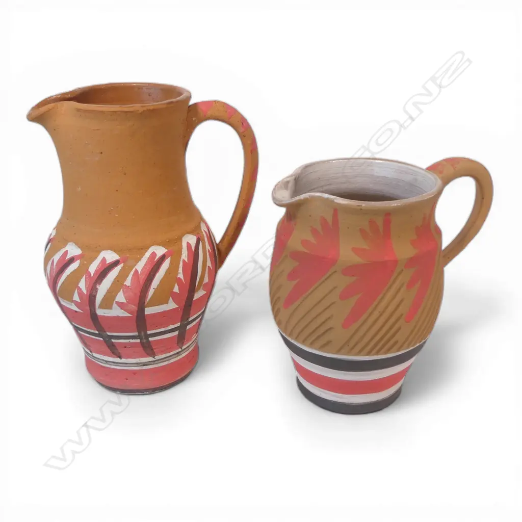 Two Anneke Borren terracotta jugs, glazed and painted interior, unglazed and painted exterior. Each with potter's mark. Dated 2025. H.200 H.155mm. Ex. Anneke Borren Collection. Image 1++