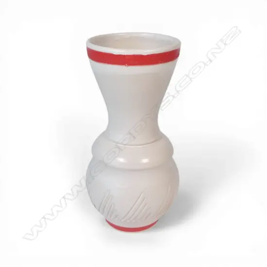 Anneke Borren vase, white glaze, two bands of red glaze to upper and lower sections. Incised decoration to body. Potter's mark to base. H.290mm. Ex. Anneke Borren Collection.