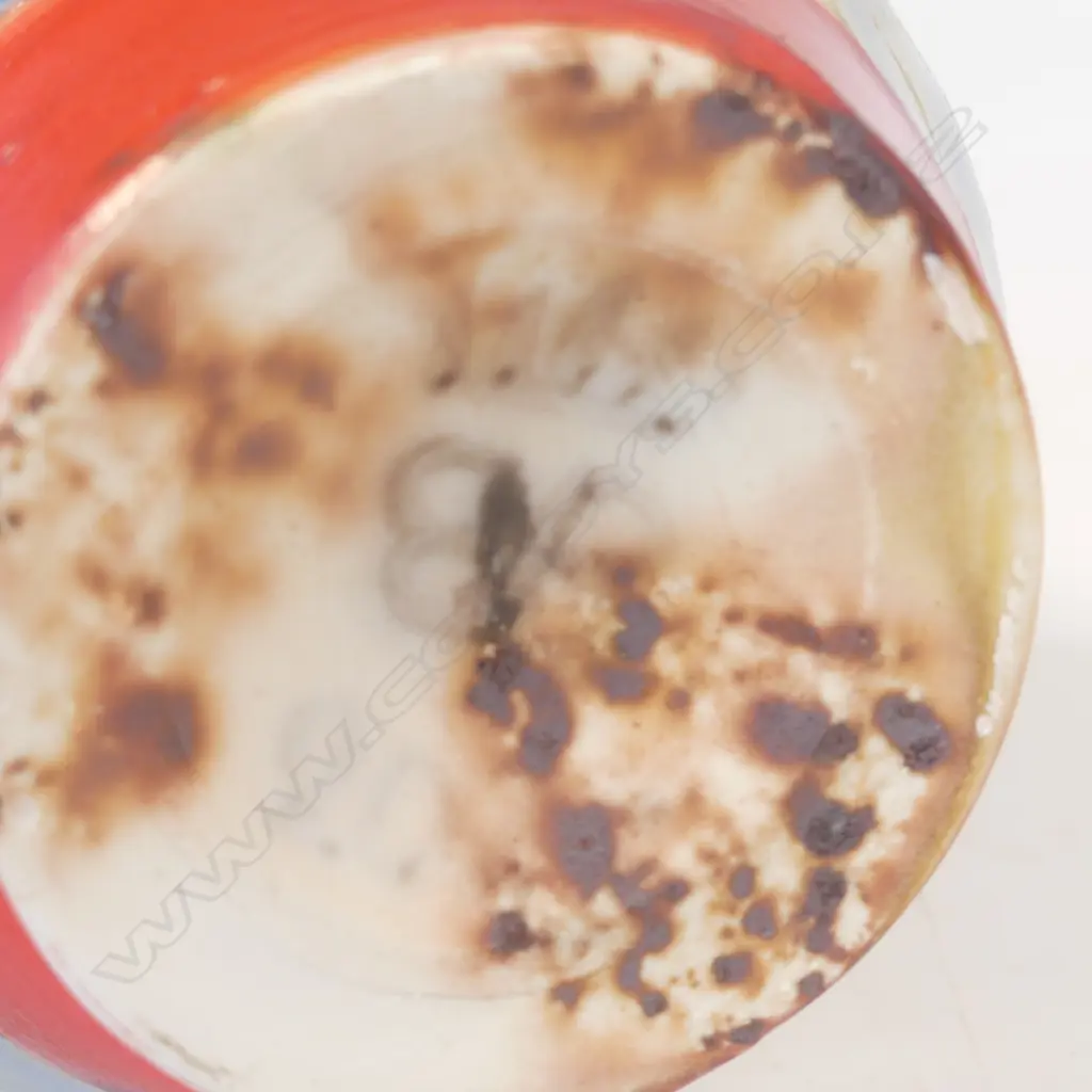 Anneke Borren vase, red, blue and ivory glaze, incised decoration to upper and lower sections. Potter's mark to base. H.300mm. Ex. Anneke Borren Collection. Image 1++