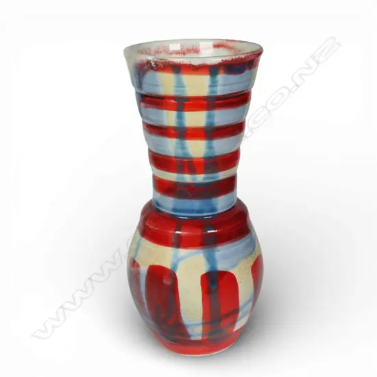 Anneke Borren vase, red, blue and ivory glaze, ribbed neck. Potters mark and date to base, 2025. H.225mm. Ex. Anneke Borren Collection.