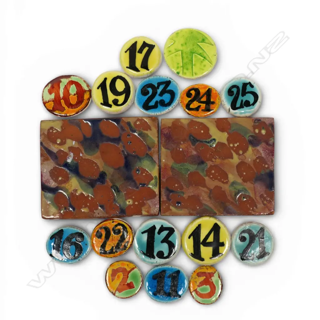 Two Warren Tippett glaze test tiles 85 x70mm and 15 hand painted exhibition number discs. Dia.30mm Image 1++