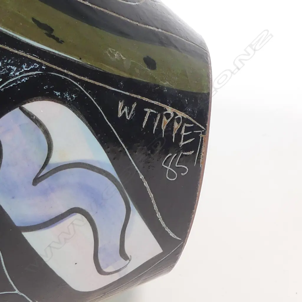 Warren Tippet ovid vase, brightly glazed post modern designs. H.230mm. Signature and dated '85 to base. Image 1++