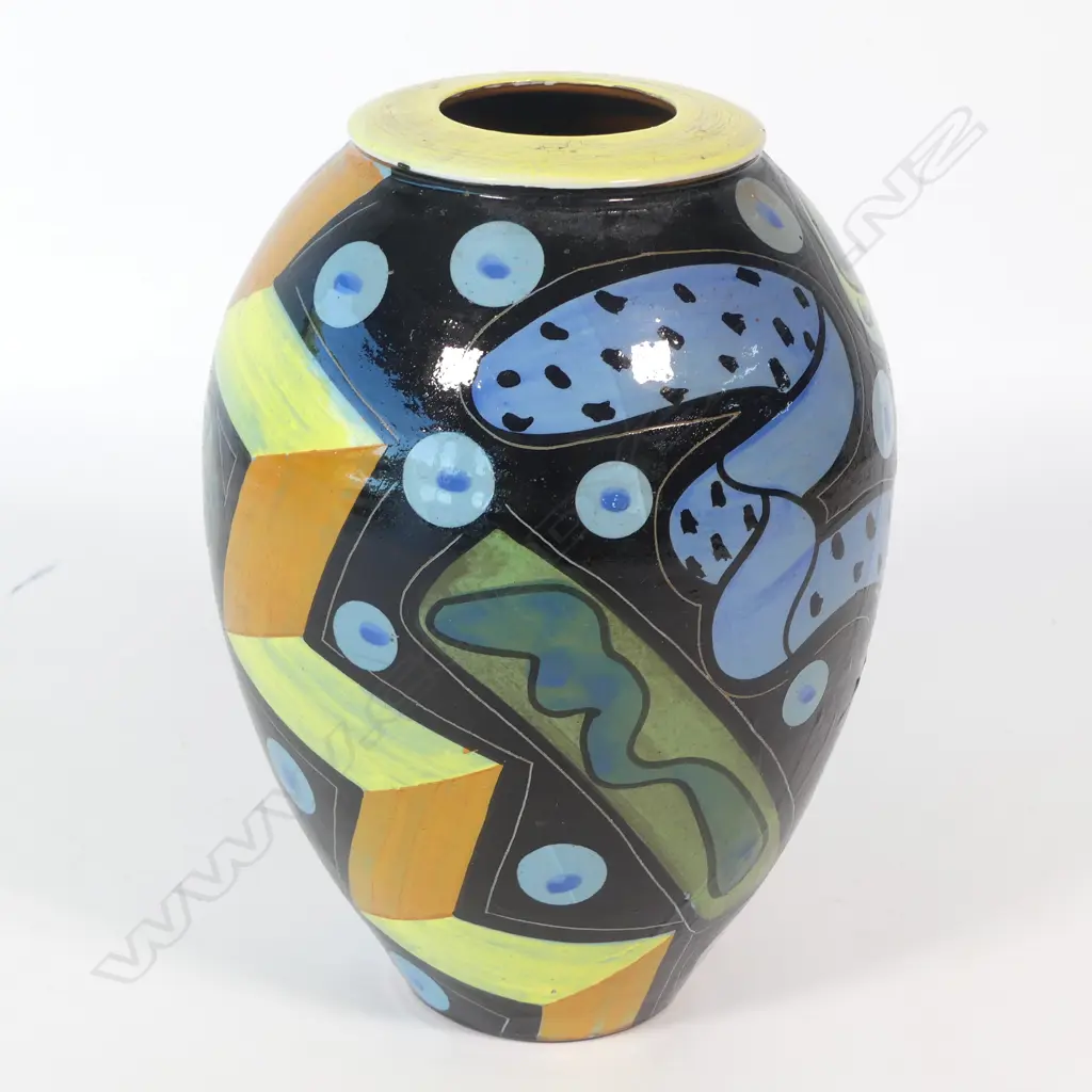 Warren Tippet ovid vase, brightly glazed post modern designs. H.230mm. Signature and dated '85 to base. Image 1++