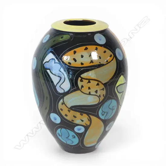 Warren Tippet ovid vase, brightly glazed post modern designs. H.230mm. Signature and dated '85 to base.