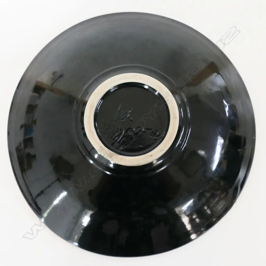 Peter Collis bowl, red & gilt glaze highlights on black ground. Potter's signature to base, dated '87. Dia.235mm. Ex. Anneke Borren Collection. Image 1++