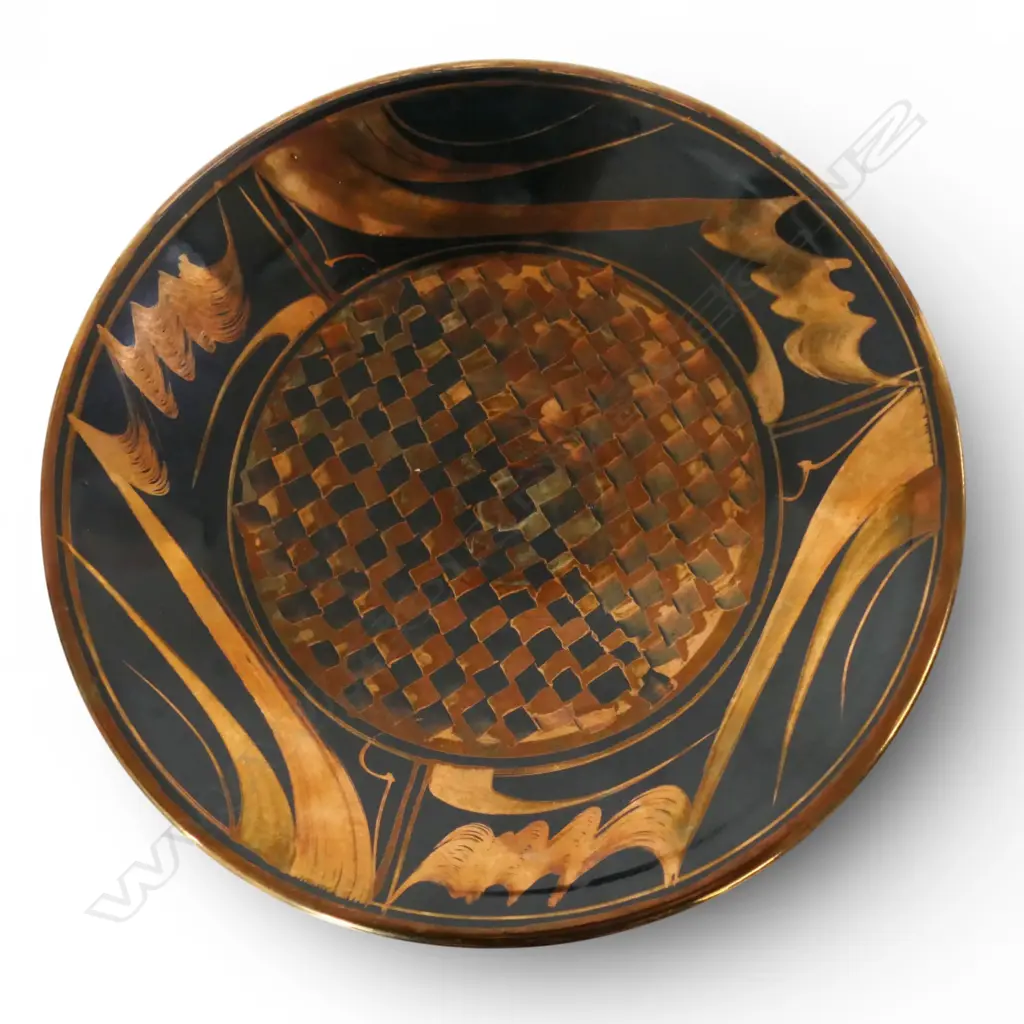 Peter Collis bowl, red & gilt glaze highlights on black ground. Potter's signature to base, dated '87. Dia.235mm. Ex. Anneke Borren Collection. Image 1++