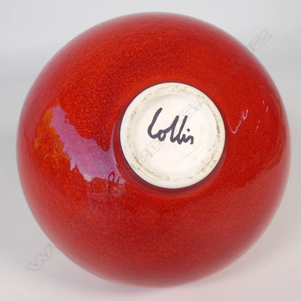 Peter Collis vibrant red ovoid vase with elongated neck, H.270mm. Potter's signature to base Image 1++