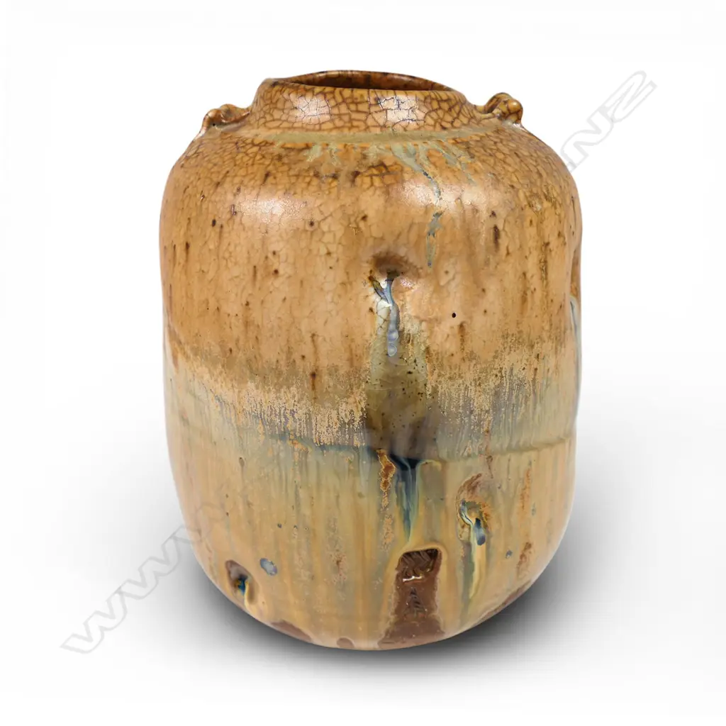 Greg Barron woodfired altered form vessel with dimples, drip glazed in earth-coloured tones, H.200 x Dia.130mm, maker's mark to base Image 1++