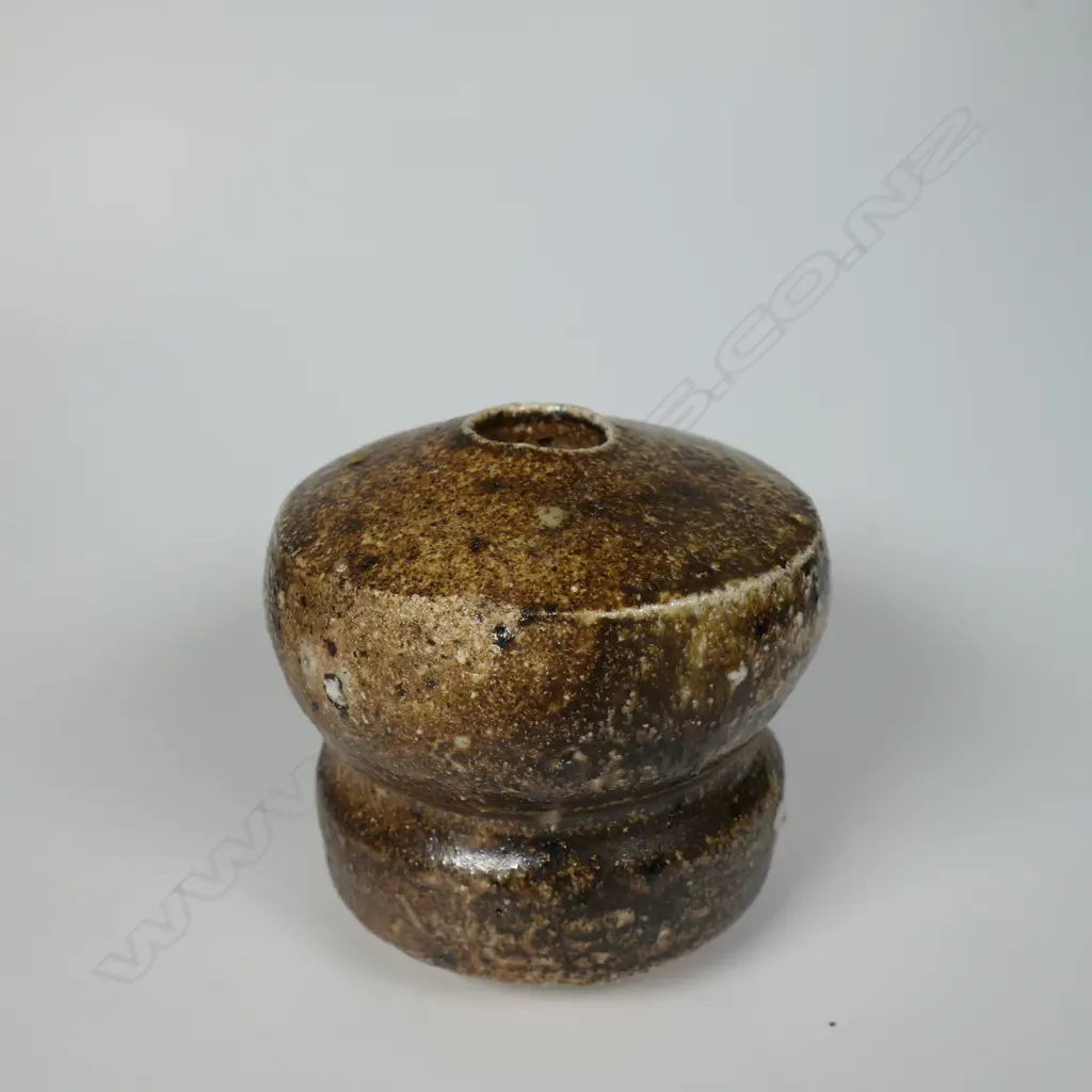 John Madden squat vase, wood-fired salt glaze. Potter's impressed mark to base. H.90mm. Ex. Anneke Borren Collection. Image 1++