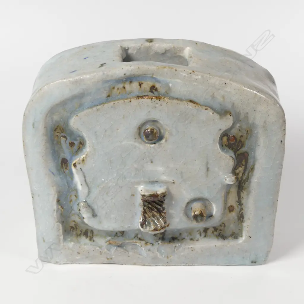 John Papas Lock vase,  Stone ware with thick grey glaze, H.120 x 140mm, signed to base Image 1++