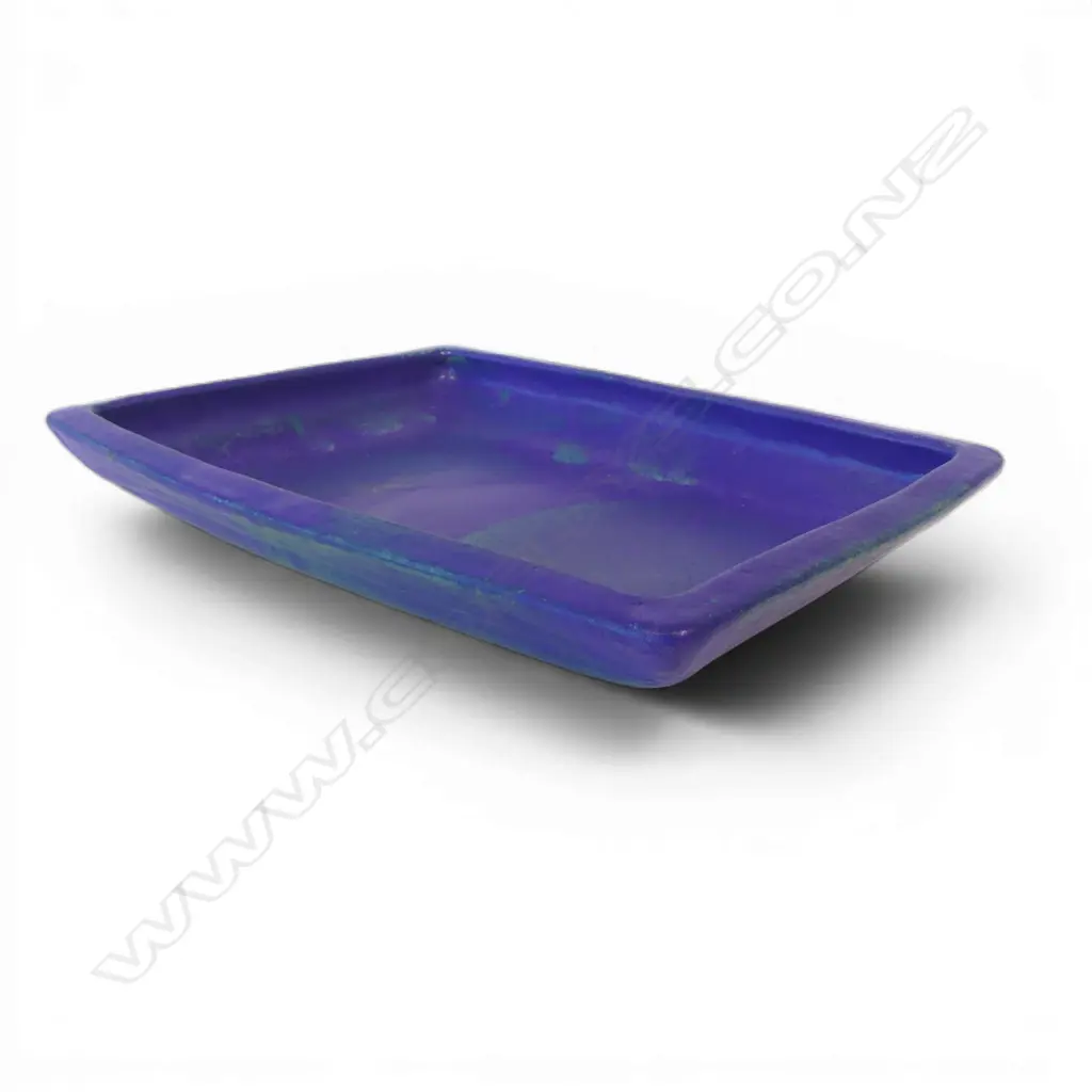 Keith Blight rectangular high sidded Ikebana dish. Blue and green matte glaze. L.370 x 270mm. Hairline to base. Maker's mark to base. Image 1++