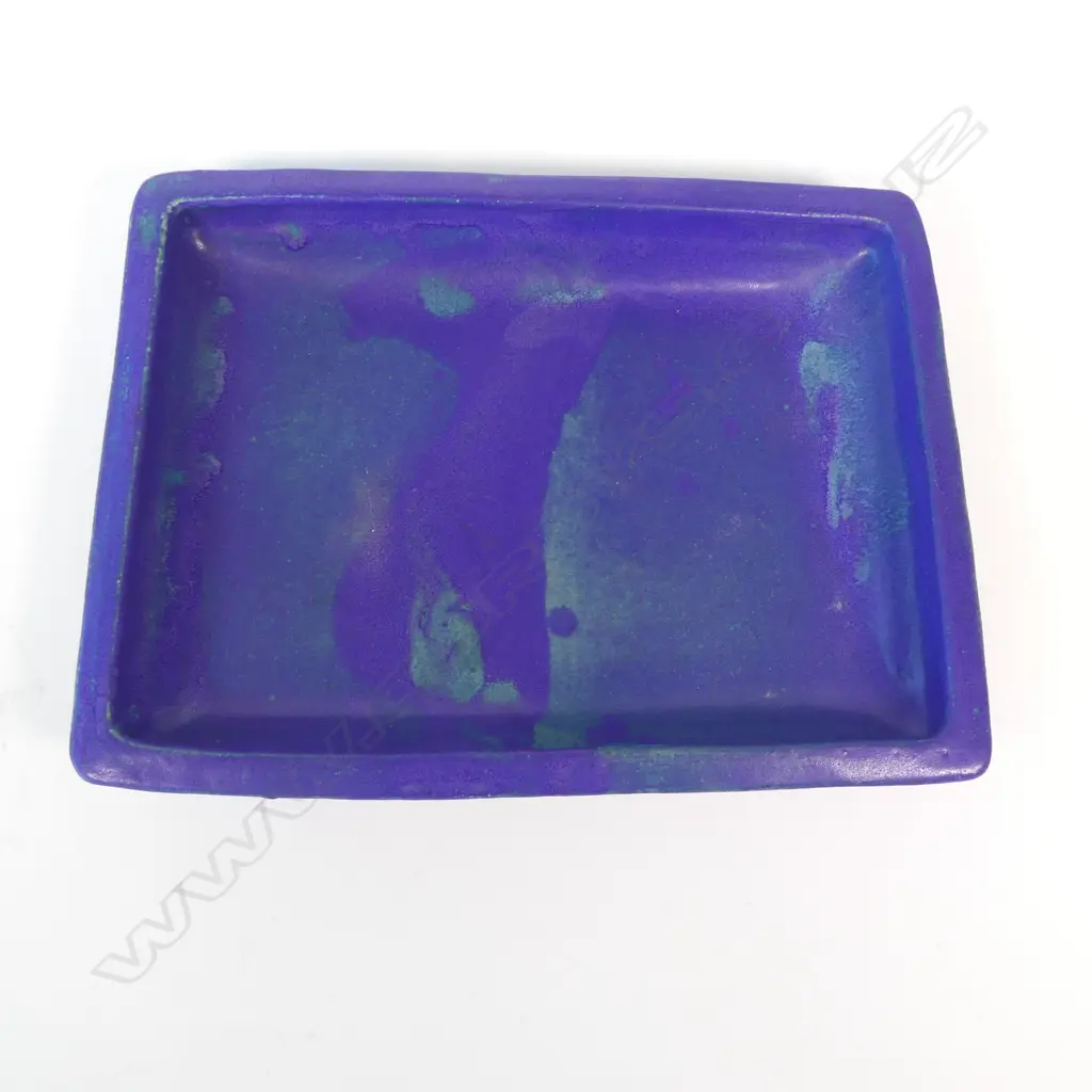 Keith Blight rectangular high sidded Ikebana dish. Blue and green matte glaze. L.370 x 270mm. Hairline to base. Maker's mark to base. Image 1++