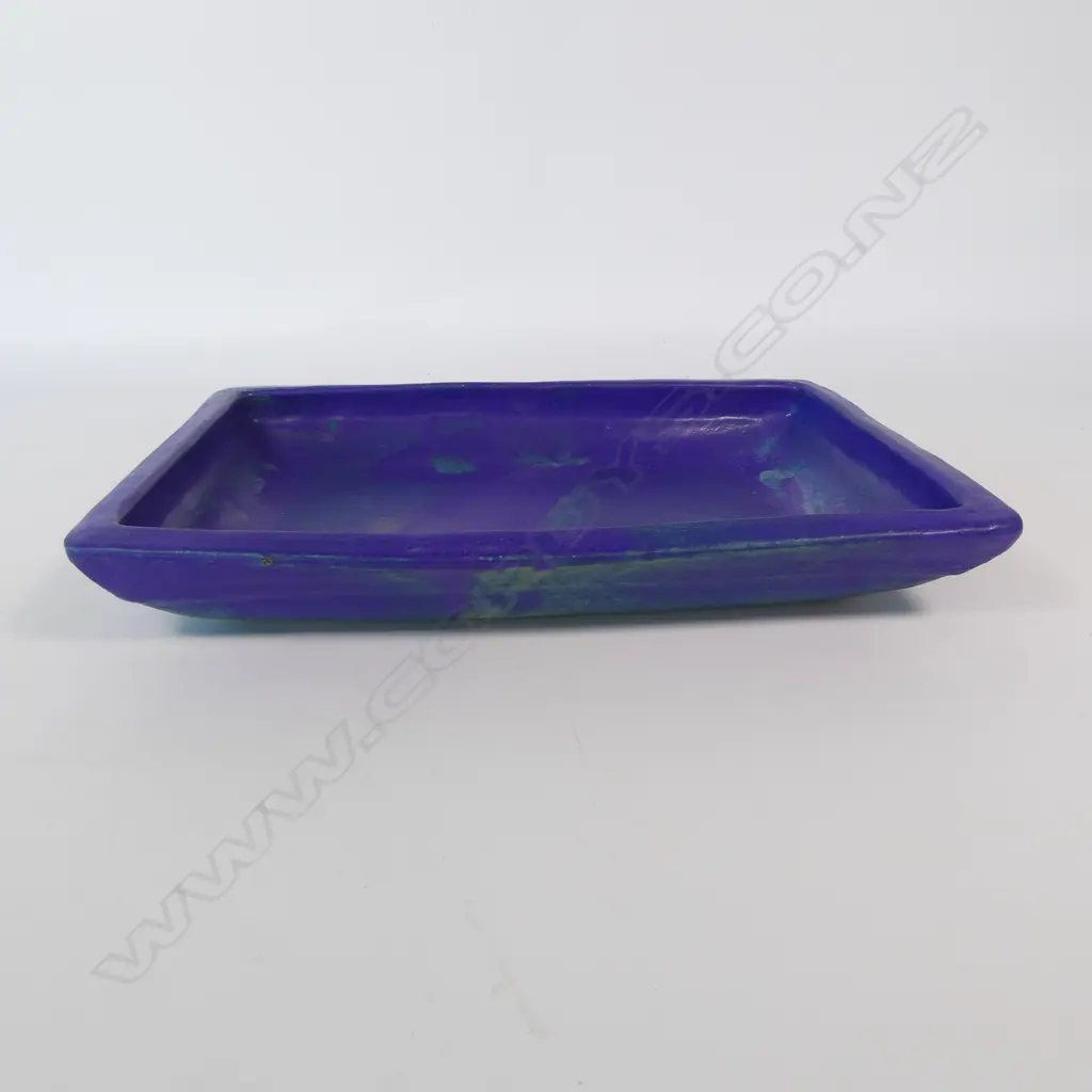 Keith Blight rectangular high sidded Ikebana dish. Blue and green matte glaze. L.370 x 270mm. Hairline to base. Maker's mark to base. Image 1++