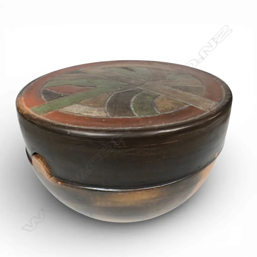 Moyra Elliot lidded terracotta vessel with hand etched lid. Dia.170mm. Signed and dated 1893 to base. Small loses Image 1++