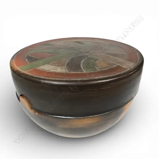 Moyra Elliot lidded terracotta vessel with hand etched lid. Dia.170mm. Signed and dated 1893 to base. Small loses
