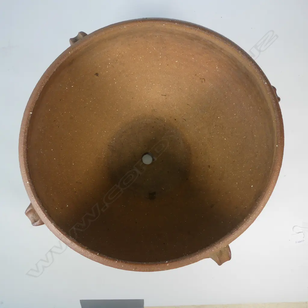 Peter Alger wide unglazed planter, with 4 lugs and impressed lattice pattern to sides, H.270mm x Dia.480mm, maker's mark lower side Image 1++