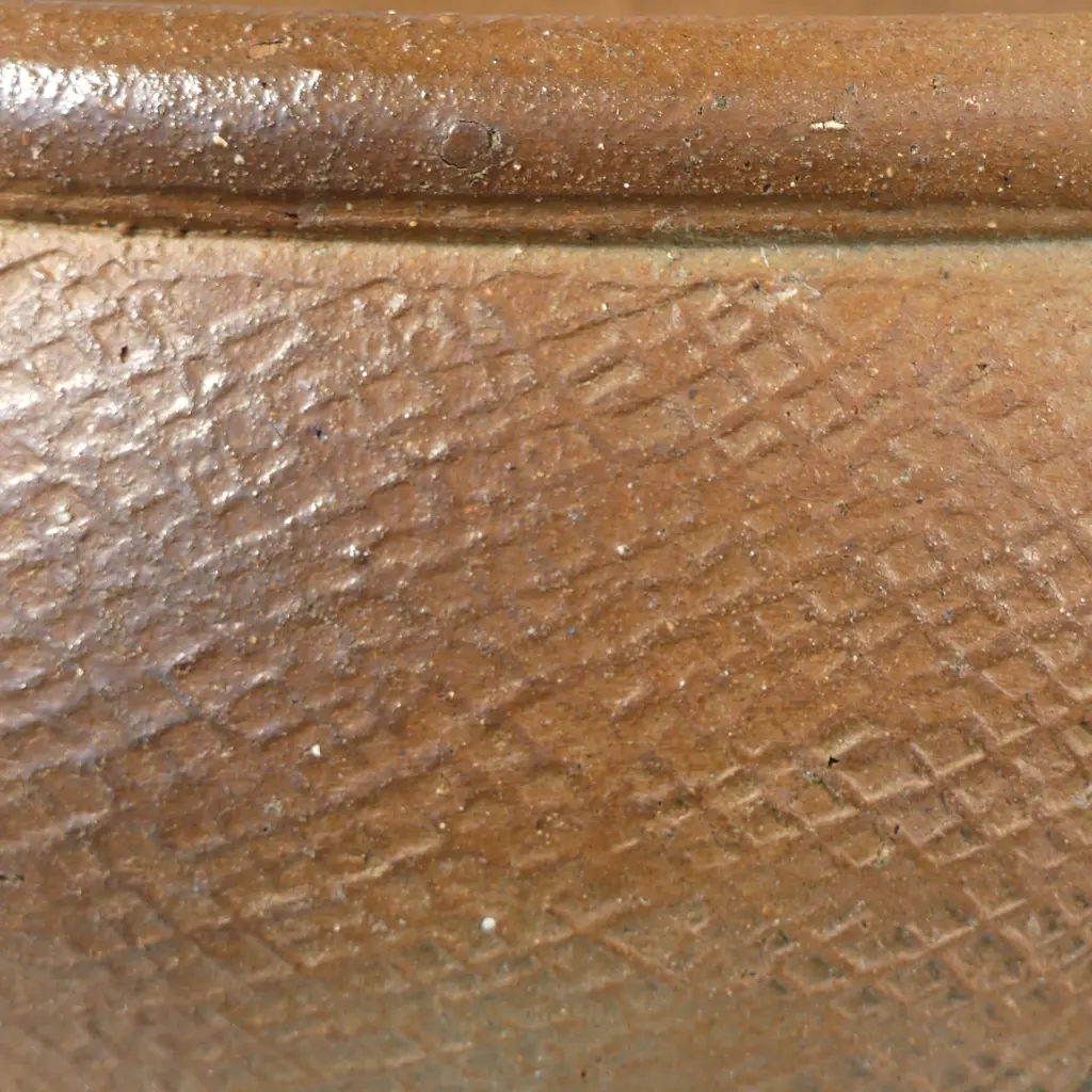 Peter Alger wide unglazed planter, with 4 lugs and impressed lattice pattern to sides, H.270mm x Dia.480mm, maker's mark lower side Image 1++