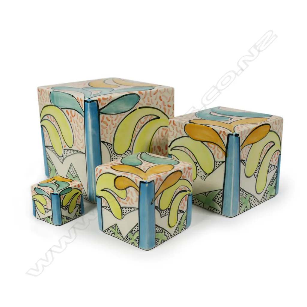 Four Jeannie Van der Putten graduated cubes, pastel glazed organic designs. Largest 115x115x115mm. Maker's sticker on base Image 1++