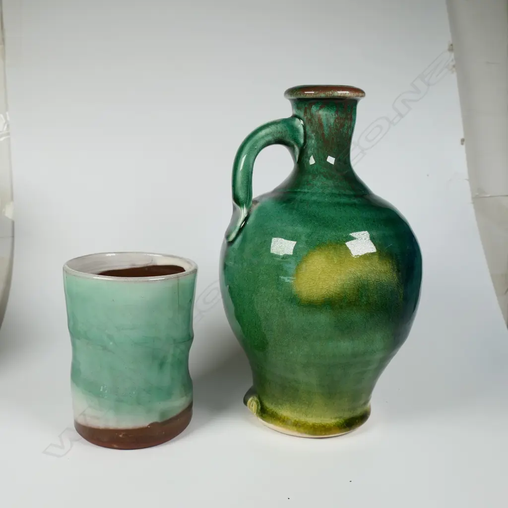 Ander Van Der Putten flask and yunomi, both with potter's impressed mark. Ex. Anneke Borren Collection. Image 1++