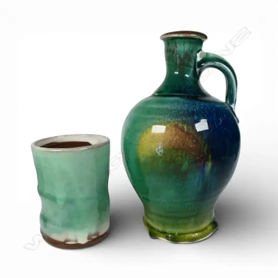 Ander Van Der Putten flask and yunomi, both with potter's impressed mark. Ex. Anneke Borren Collection.