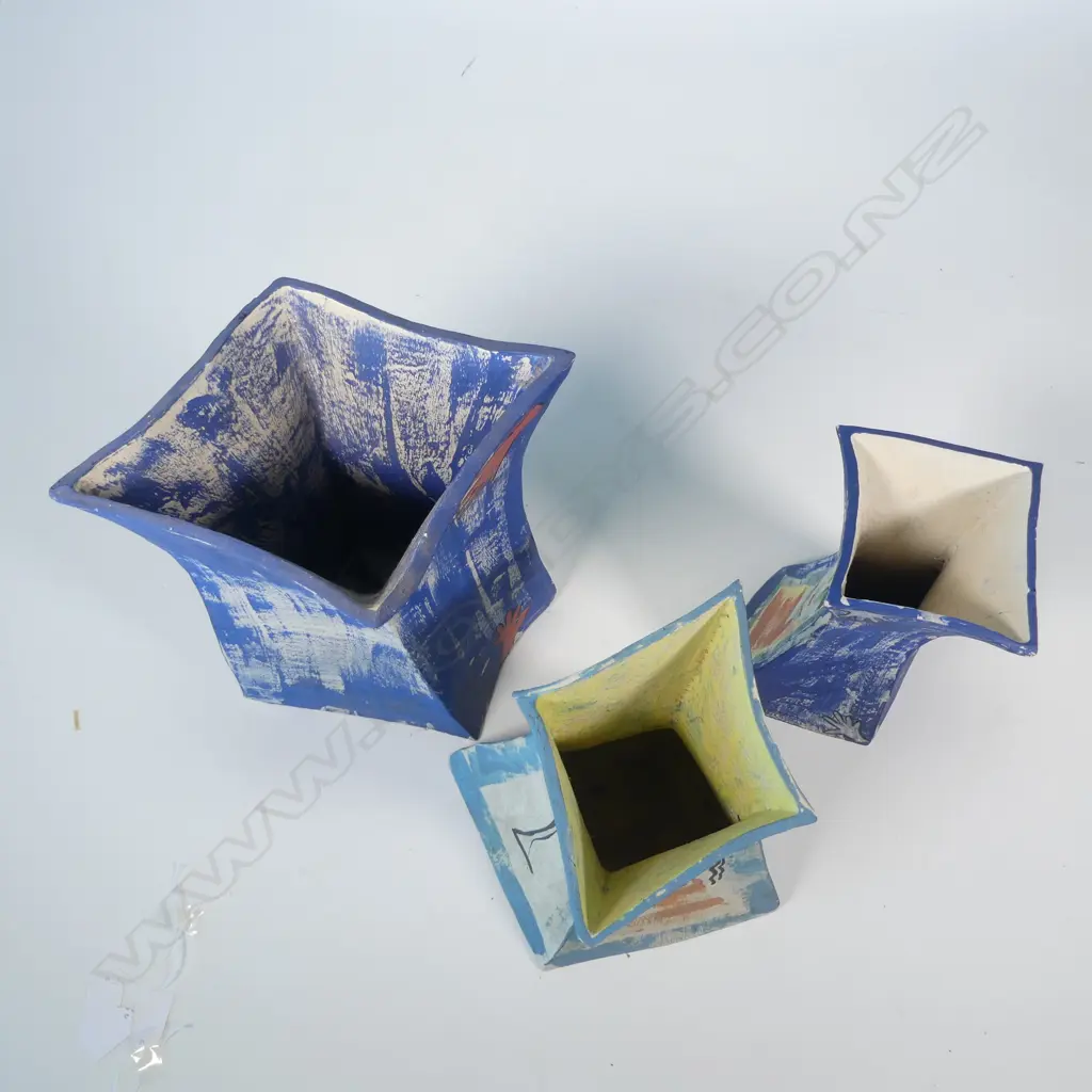 Three unglazed slab sided vases, with painted cubist style portrait and brush decoration. H.390mm, 280mm, 270mm. All small loses Image 1++