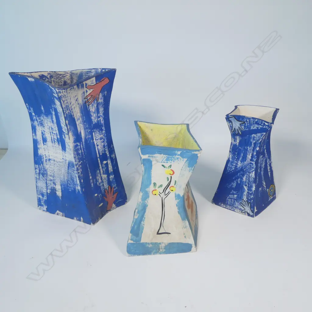 Three unglazed slab sided vases, with painted cubist style portrait and brush decoration. H.390mm, 280mm, 270mm. All small loses Image 1++