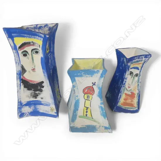 Three unglazed slab sided vases, with painted cubist style portrait and brush decoration. H.390mm, 280mm, 270mm. All small loses