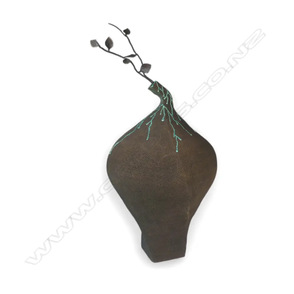 Lee Keum Sun very large floor vase with copper leafy branch; scoria textured sides with green lustre glaze detail. H.850mm vase H.1060 with branch Dia.500mm Image 1++