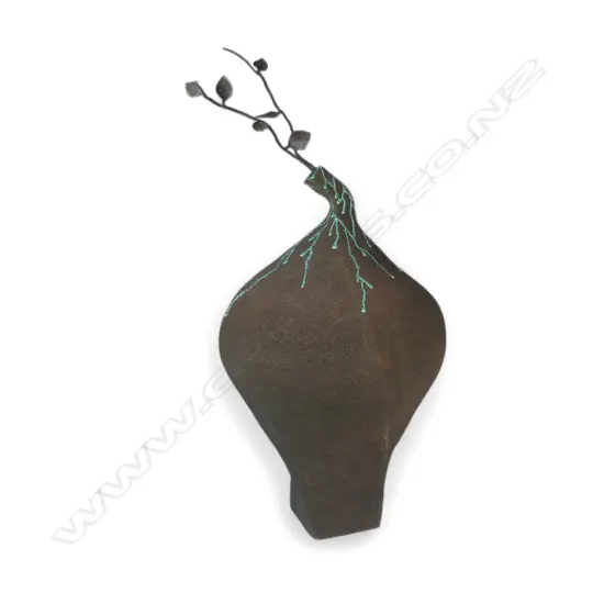 Lee Keum Sun very large floor vase with copper leafy branch; scoria textured sides with green lustre glaze detail. H.850mm vase H.1060 with branch Dia.500mm