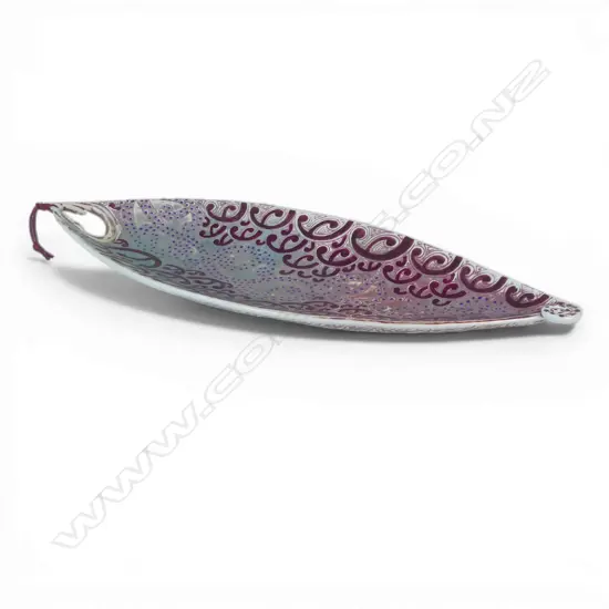 Lee Keum Sun fish shaped platter with lilac maroon and purple koru designs and fish hook detail. L.490mm