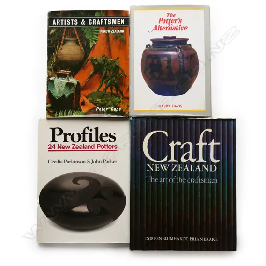 Four NZ studio pottery and craft reference books; 'The Potter's Alternative' Harry Davis. 'Artists & Craftsmen' Peter Cape, 'Profiles 24 NZ Potters' Cecilia Parkinson John Parker and 'Craft New Zealand' Doreen Blumhardt & Brian Brake