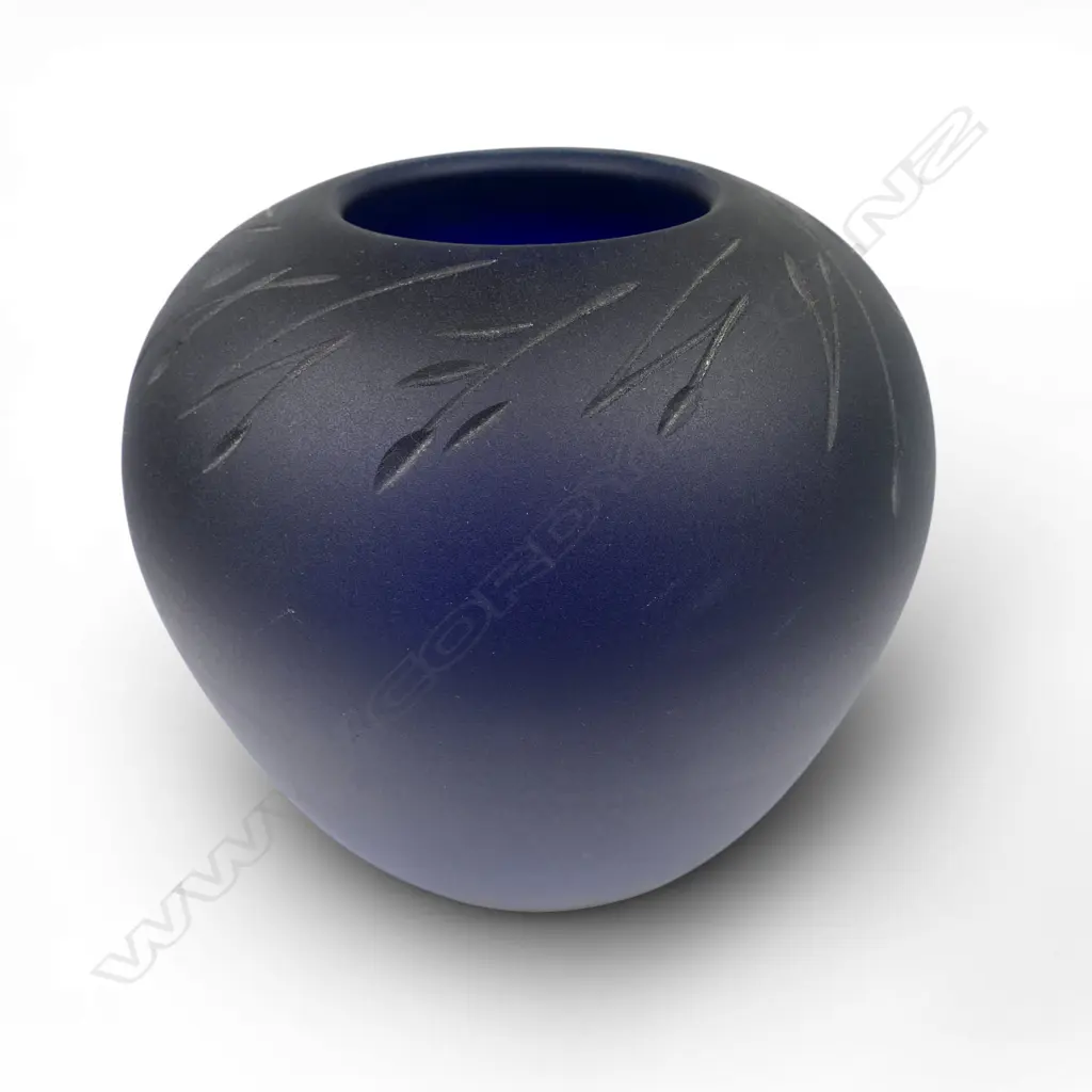 Garry Nash (ONZM) darkened cobalt blue ovid vase, with etched angular detail around shoulders, H160mm. Signed and dated '84 to base Image 1++