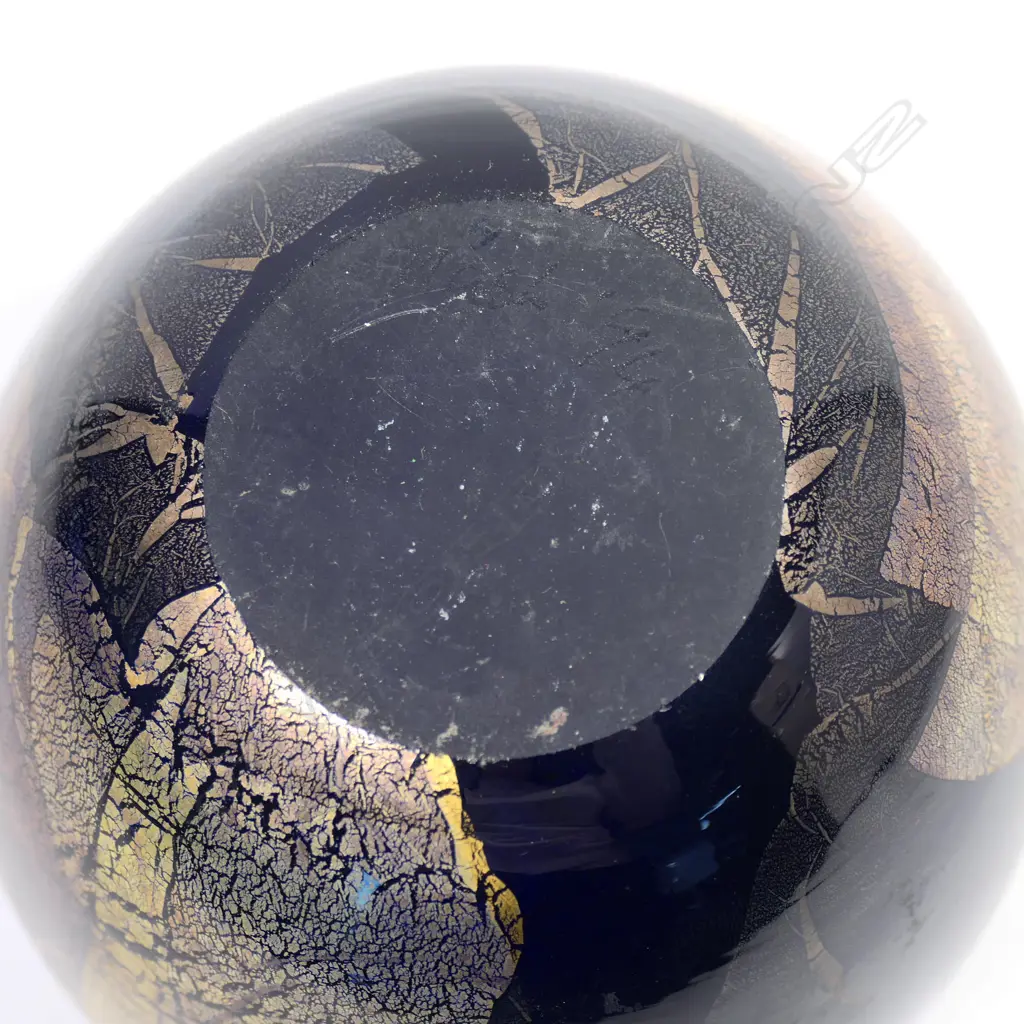 Garry Nash (ONZM) opaque blue flattened ovoid art glass vase, with yellow rim and organic designs to sides, H.160mm. Signed and date '97 incised to base Image 1++