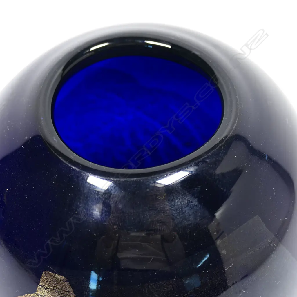 Garry Nash (ONZM) opaque blue flattened ovoid art glass vase, with yellow rim and organic designs to sides, H.160mm. Signed and date '97 incised to base Image 1++