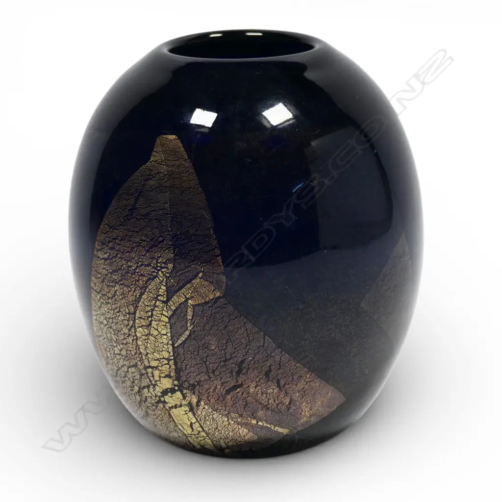 Garry Nash (ONZM) opaque blue flattened ovoid art glass vase, with yellow rim and organic designs to sides, H.160mm. Signed and date '97 incised to base Image 1++