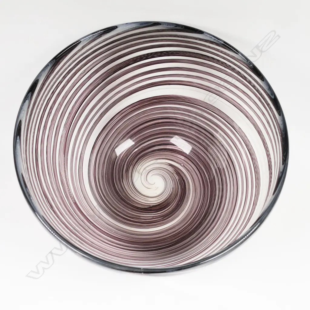 Stephen Bradbourne art glass bowl, a swirl of black and white canes resolving to a central swirl in the base, H.130mm Dia.230mm, initialed and dated 2002 to base Image 1++