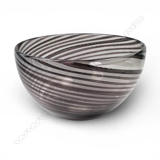 Stephen Bradbourne art glass bowl, a swirl of black and white canes resolving to a central swirl in the base, H.130mm Dia.230mm, initialed and dated 2002 to base