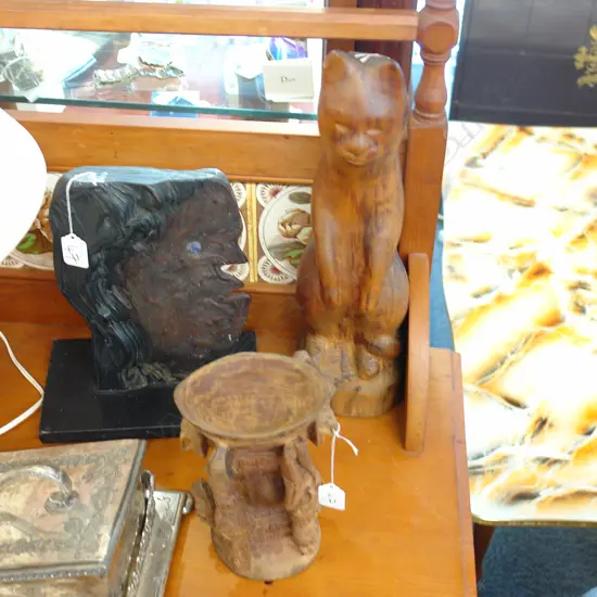 3 WOOD CARVED ITEMS - CAT,FACE,TRIBAL