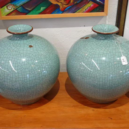 PR LG CHINESE GREEN CRACKLE GLAZED VASES