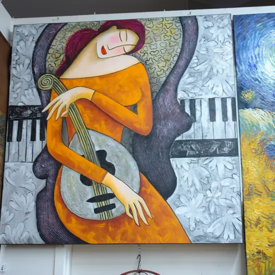 LARGE OIL LADY WITH LUTE