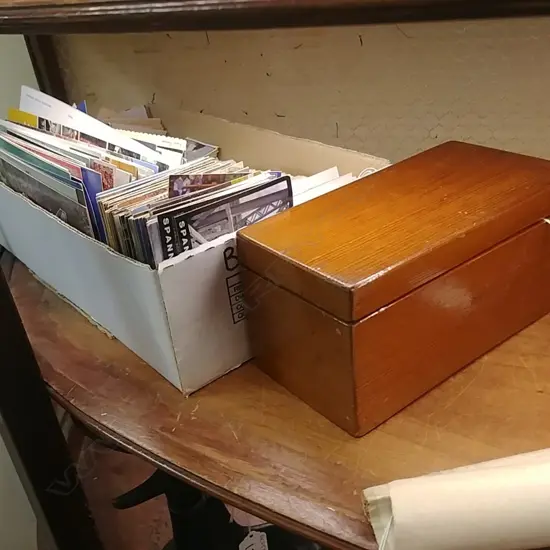 BOX OF POSTCARDS + PINE BOX OF MARBLES 