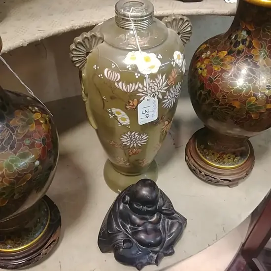 CARVED BUDDHA W/ EROTIC SCENE TO BOTTOM + VASE