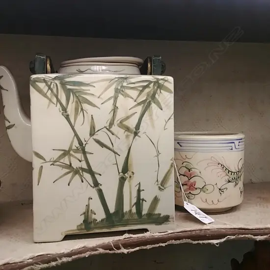 LARGE BAMBOO DECORATED TEAPOT + BRUSH POT