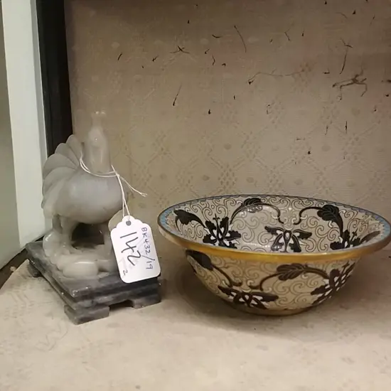 CHINESE CLOISONNE BOWL & SOAPSTONE COCKEREL