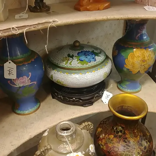 PR CLOISONNE VASE, WITH BOWL, ON STANDS