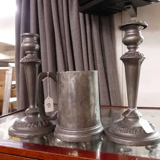 PEWTER TANKARD + 2 CANDLE STICKS