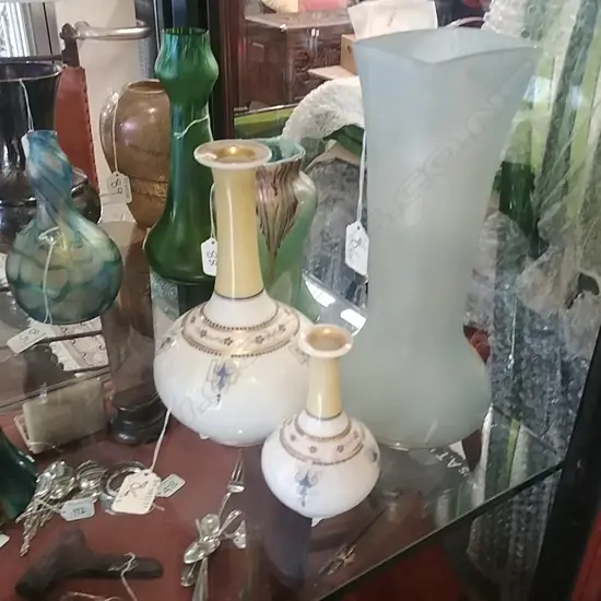 FRENCH GLASS VASE & 2 MILK GLASS VASES