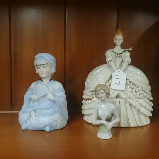 3 CERAMIC FIGURES - HALF DOLL ETC