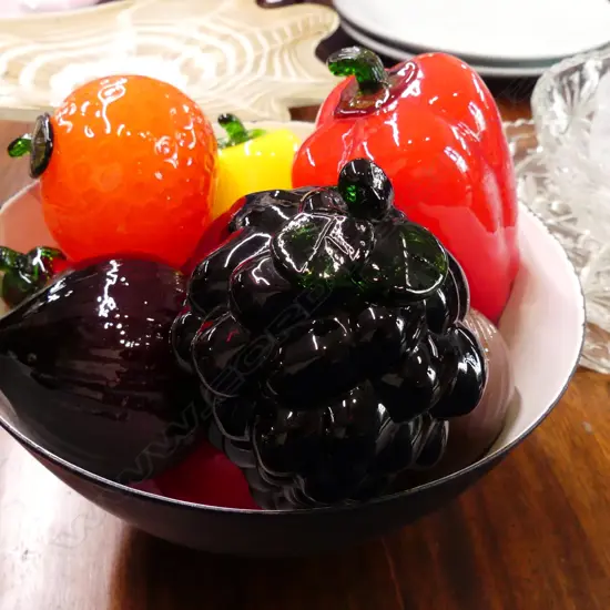 ART GLASS FRUIT & VEGETABLES IN DANISH ENAMEL BOWL